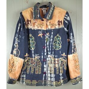 VINTAGE Sandy Starkman Cotton Jacket M Boho Art to Wear Needlepoint Elephants‎